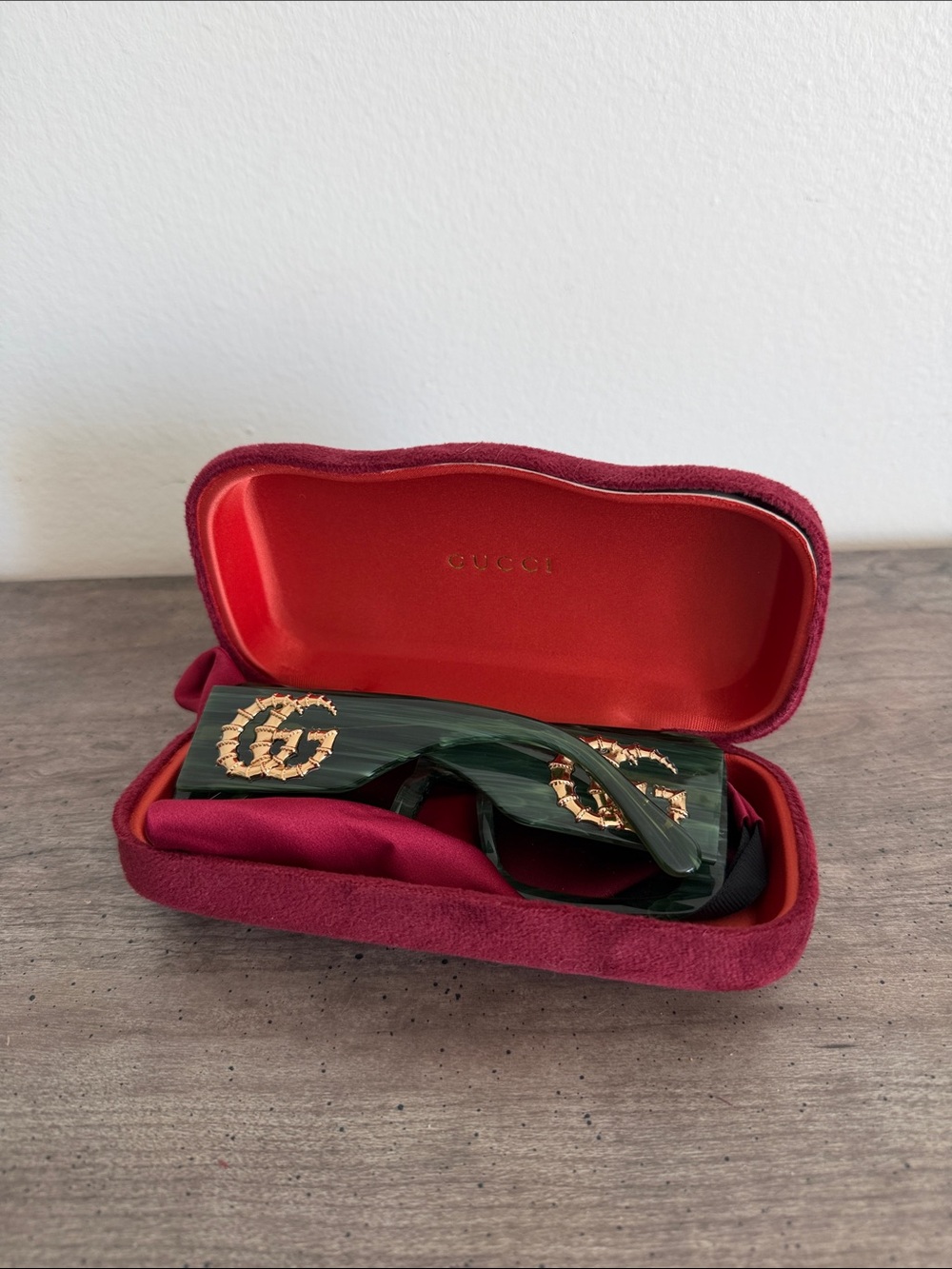 Gucci Dark Green Shield Sunglasses with Gold Logo